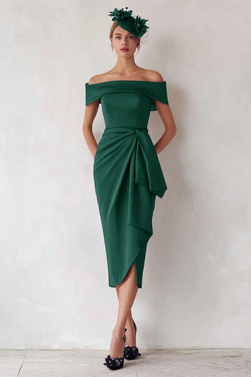 Robe de mère de la mariée à épaule large fourreau vert foncé froncé